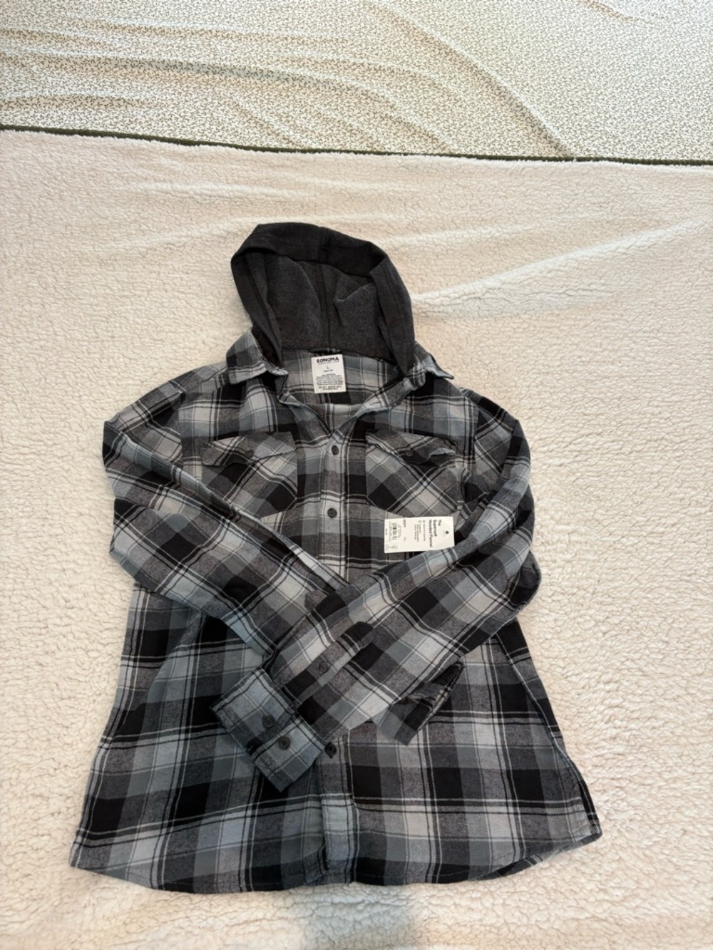 Sonoma Hooded Plaid Flannel Shirt Jacket - Black, Gray, White